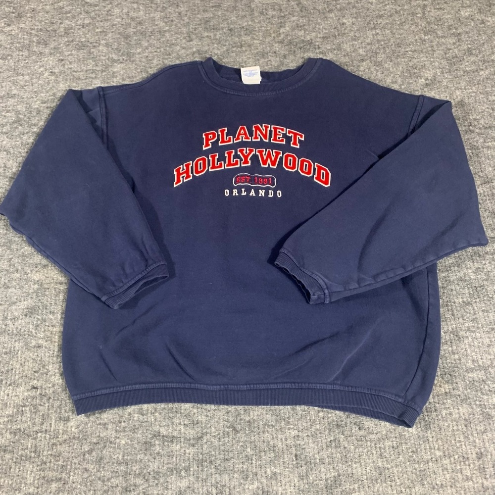VTG Planet Hollywood Sweatshirt Mens 2XL Blue Crew Neck Puff Print Embroidered